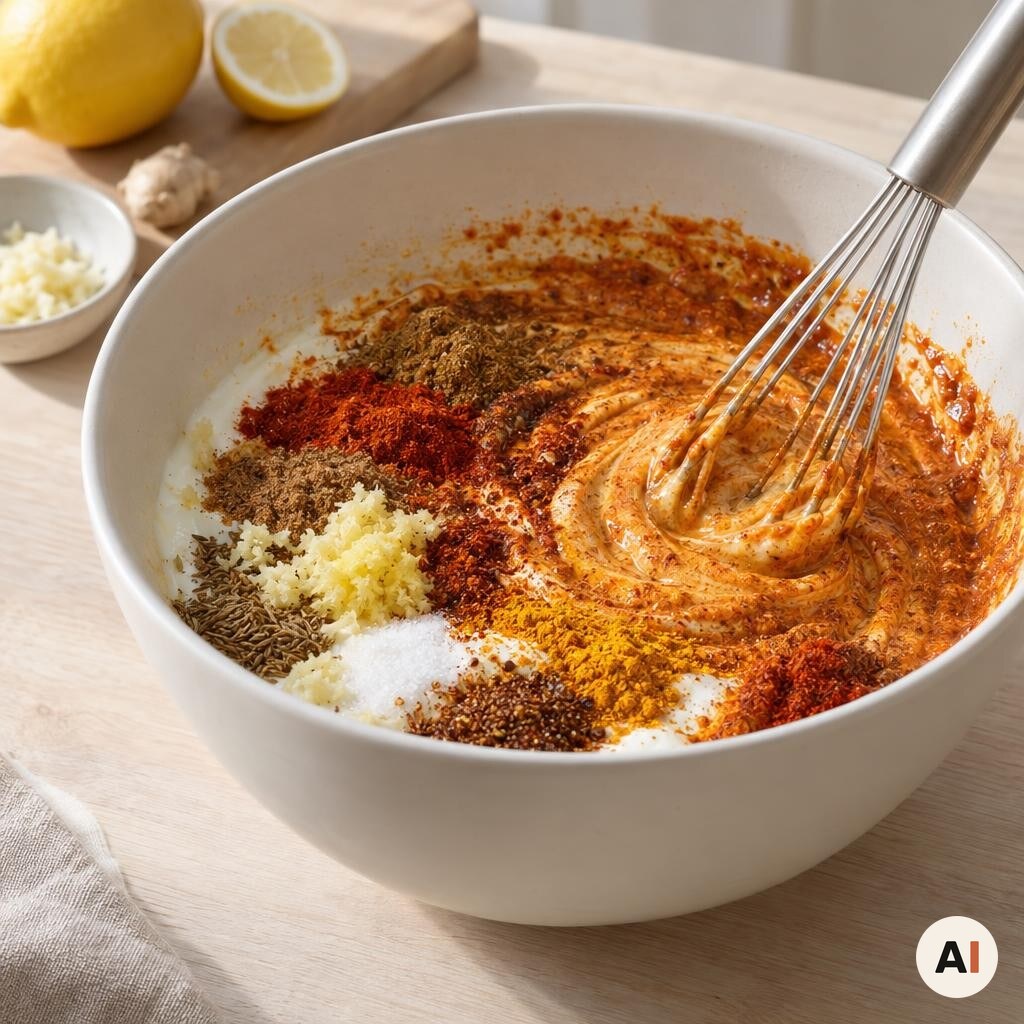 Tandoori-marinade blandes i en stor skål