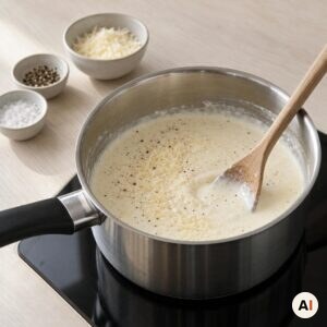 Mælk, fløde og parmesan røres sammen i en gryde