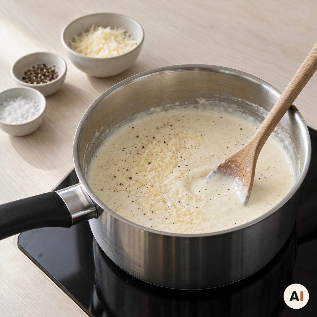 Mælk, fløde og parmesan røres sammen i en gryde