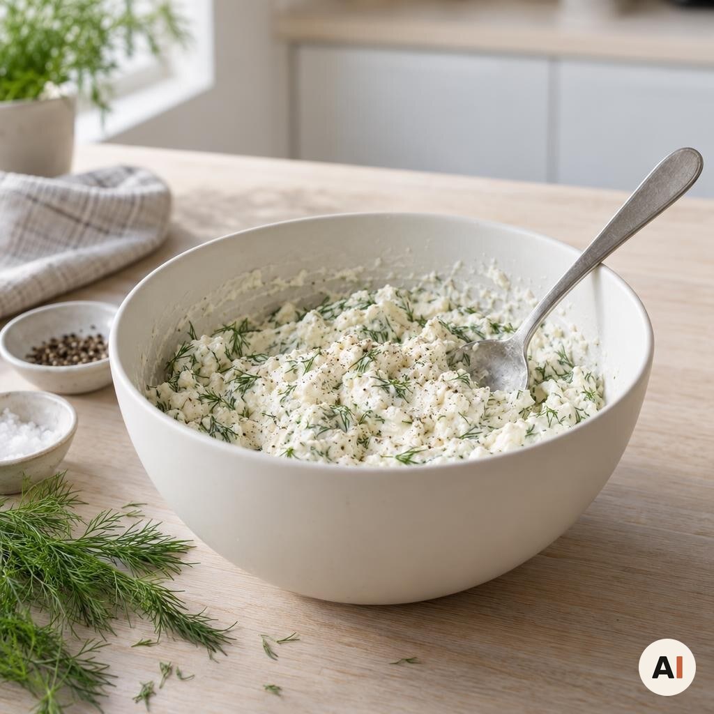 Ricotta blandes med dild, salt og peber i en skål