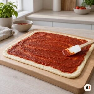 Pizzadej smøres med tomatpuré på et skærebræt i mit airfryer-køkken