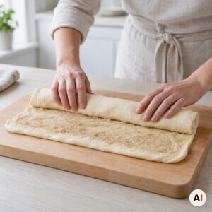 Fyldt pizzadej rulles stramt til en lang pølse på et skærebræt i mit airfryer-køkken