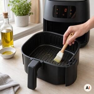 Airfryer-kurven pensles let med olivenolie i mit airfryer-køkken