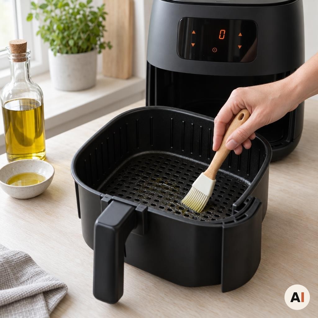 Airfryer-kurven pensles let med olivenolie i mit airfryer-køkken