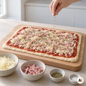 Pizzadej med mozzarella, skinke, oregano og salt før rulning i mit airfryer-køkken