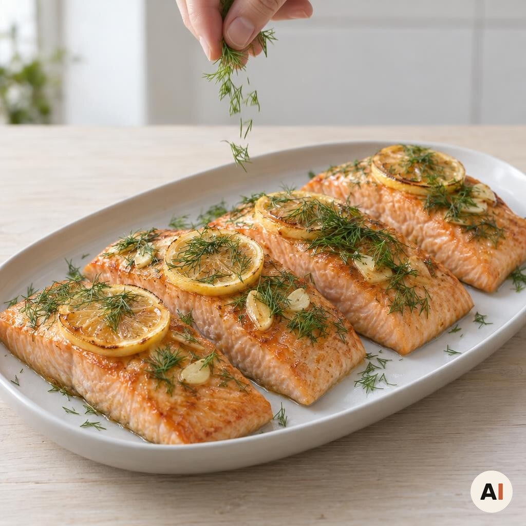 Færdig laks pyntes med friske urter efter tilberedning i min airfryer