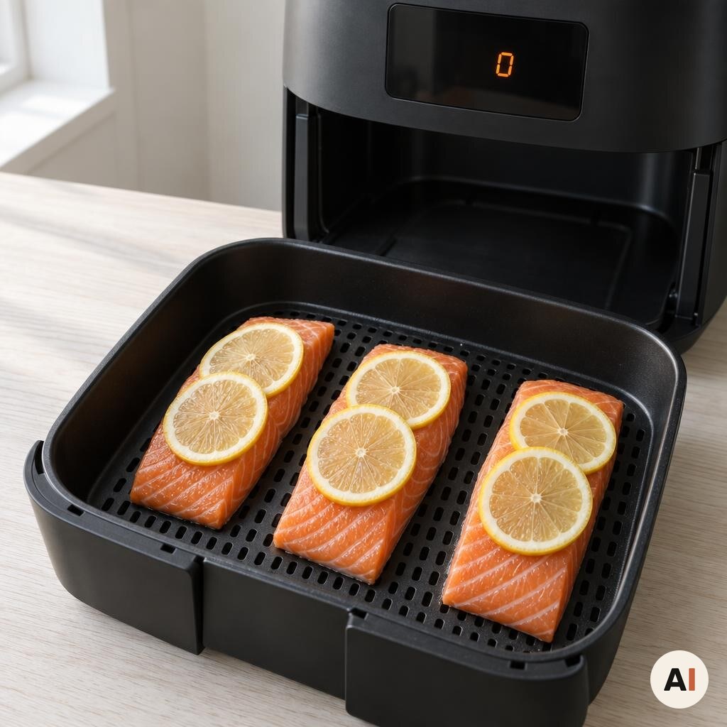 Citronskiver lægges oven på laksen i airfryer-kurven