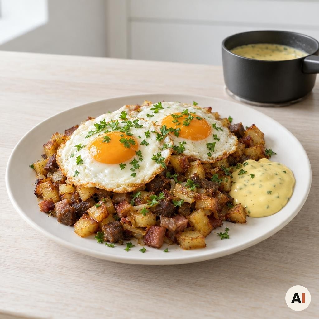 Biksemad serveres med spejlæg, bearnaisesauce og persille