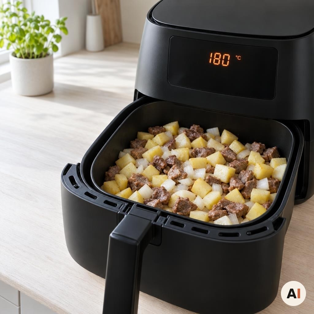 Biksemadsblandingen fordeles jævnt i kurven i min airfryer ved 180 grader