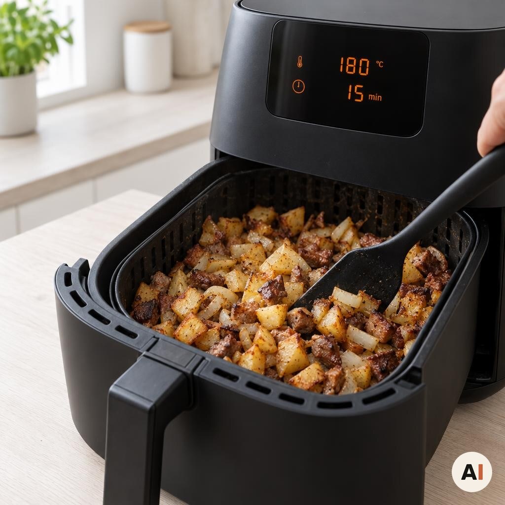 Biksemaden røres rundt halvvejs under tilberedningen i min airfryer ved 180 grader