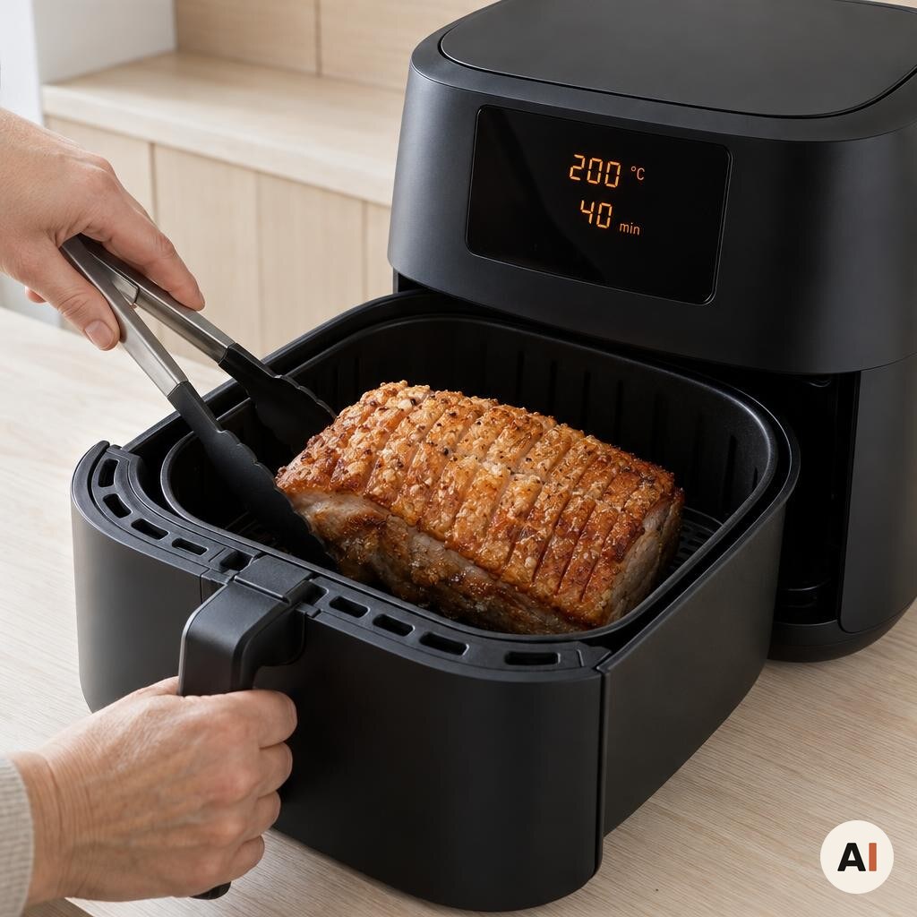 Flæskestegen vendes med sværen opad i min airfryer ved 200 grader