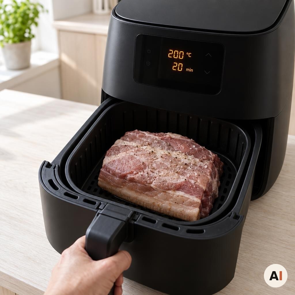 Flæskesteg bages med sværen nedad i min airfryer ved 200 grader