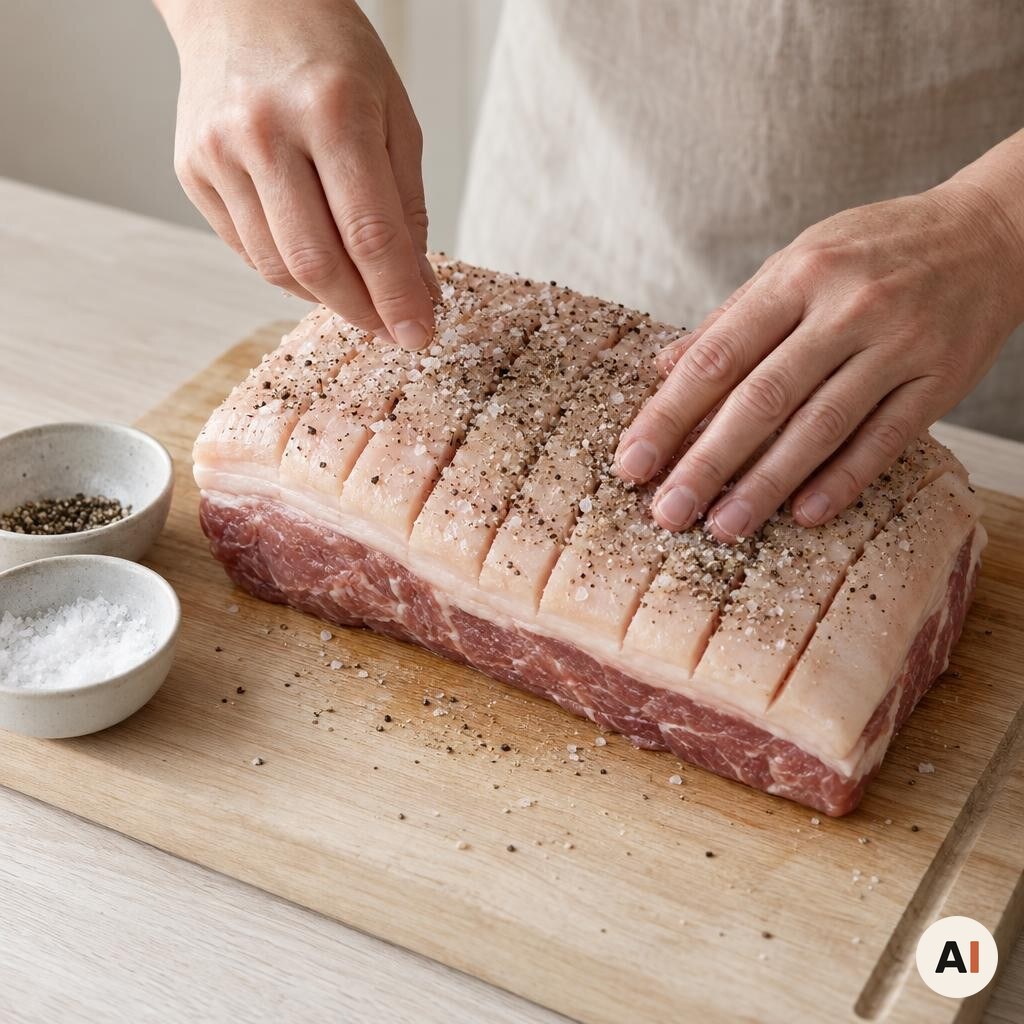 Flæskesteg krydres med salt og peber i min airfryer-opskrift