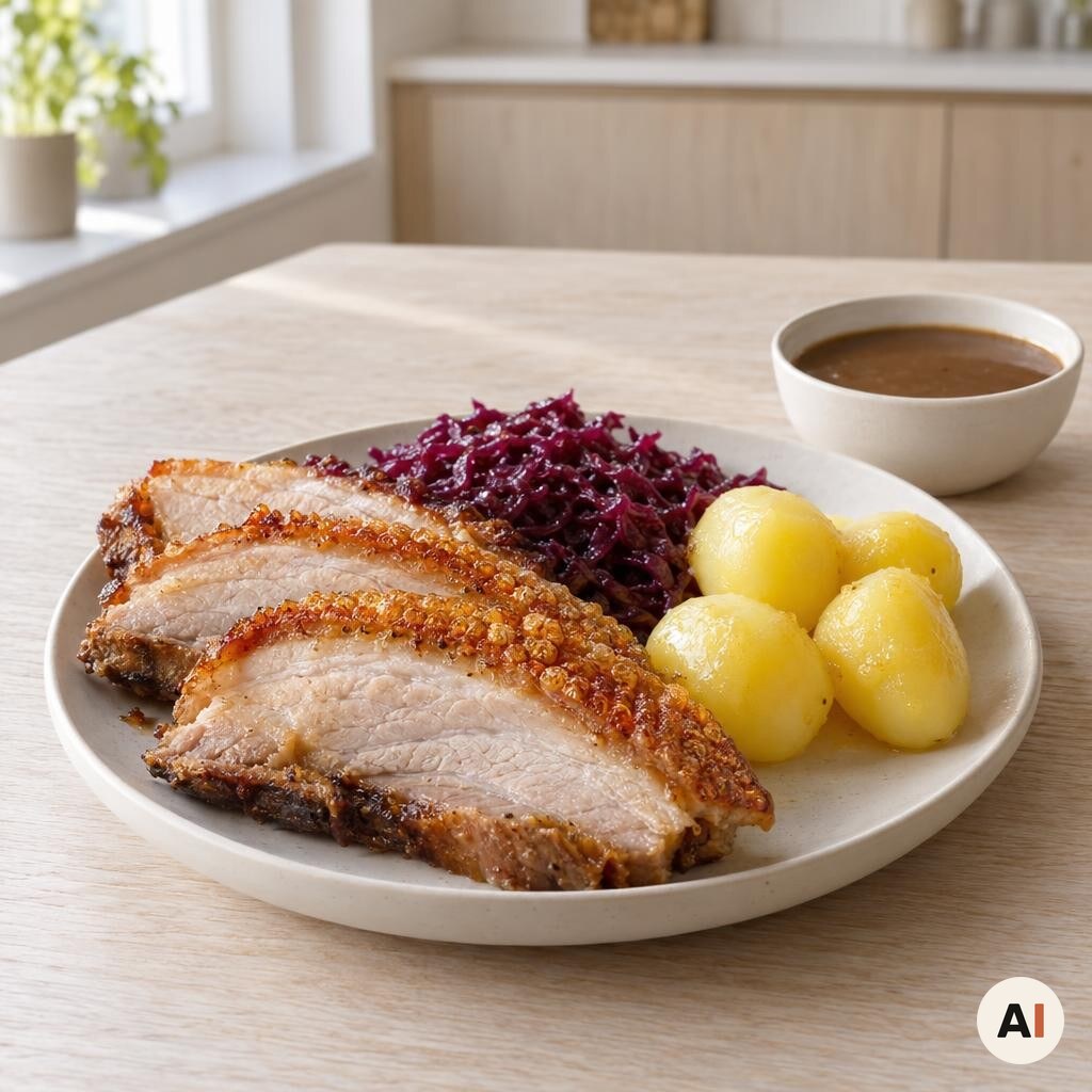 Flæskesteg serveres med rødkål, kartofler og brun sovs