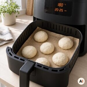 Rå yoghurtboller placeres med afstand i min airfryer