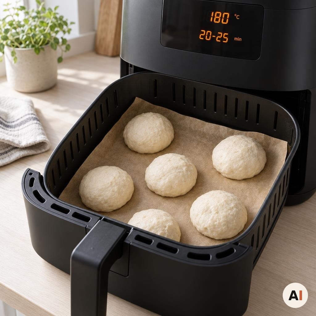 Rå yoghurtboller placeres med afstand i min airfryer