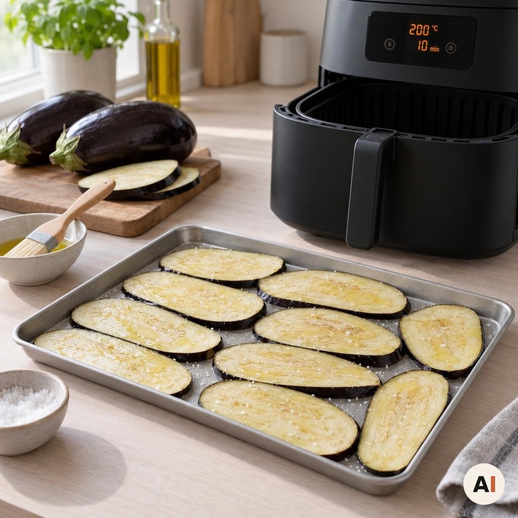 Aubergineskiver pensles med olie og krydres før forbagning i min airfryer