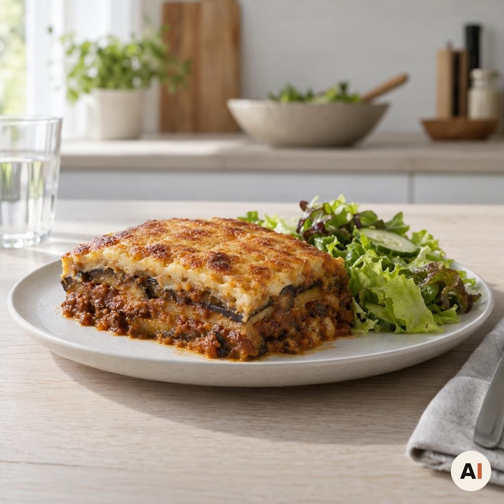 Moussakaen hviler og serveres med frisk salat efter tilberedning i min airfryer