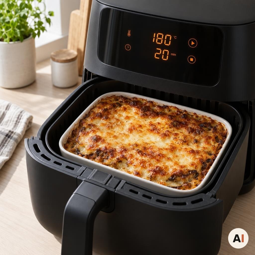 Moussakaen bages gylden og boblende i min airfryer
