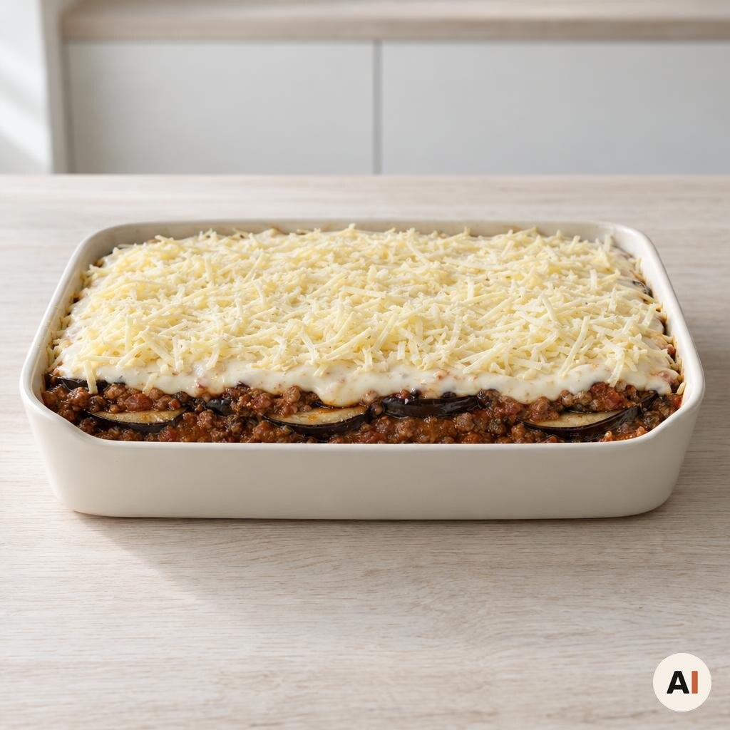 Moussakaen lægges i lag med bechamelsauce og ost i et fad