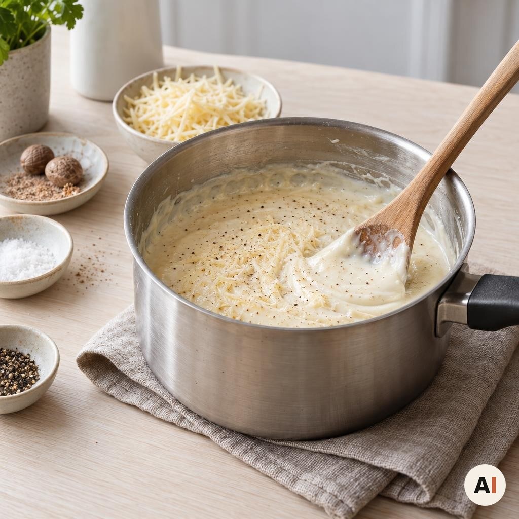 Den cremede bechamelsauce røres færdig til moussaka