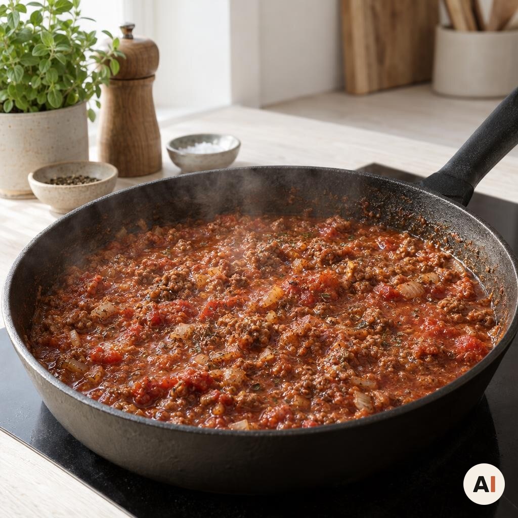 Kødsaucen simrer i en stegepande til moussaka