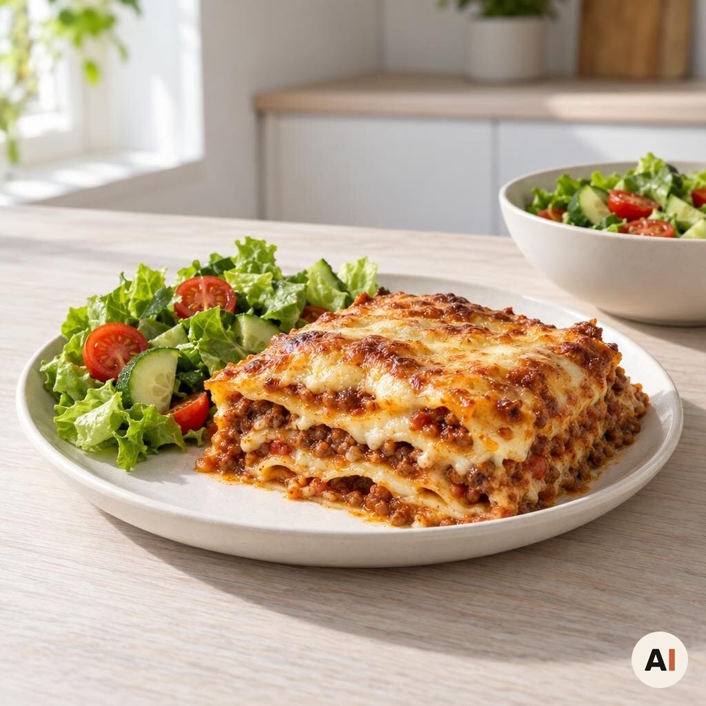 Færdig lasagne serveres sammen med frisk salat