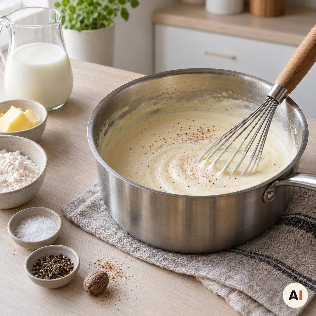 Bechamelsauce røres cremet i en gryde