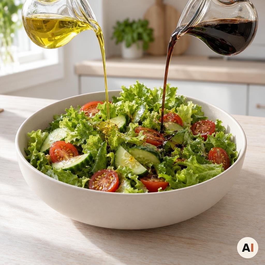 Frisk salat med cherrytomater og agurk blandes med olie og balsamico