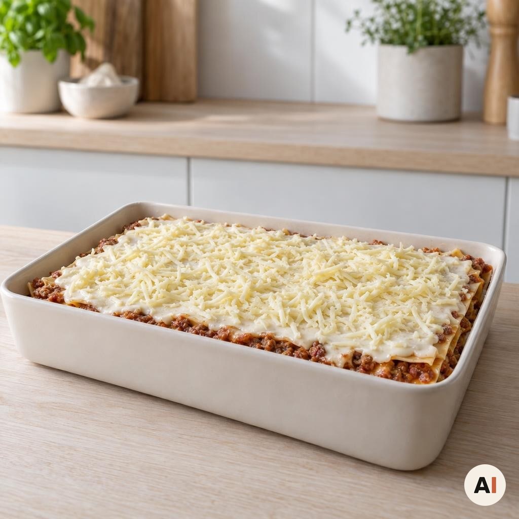 Lasagne samles i et ovnfast fad med kødsauce, bechamelsauce og mozzarella