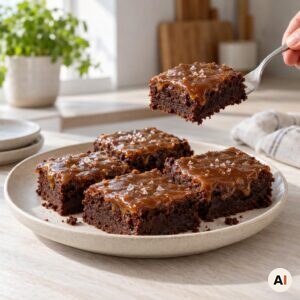Browniekage med saltkaramel skæres i stykker og serveres