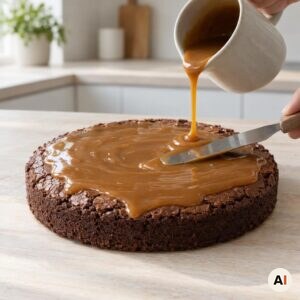 Saltkaramel fordeles over den afkølede browniekage