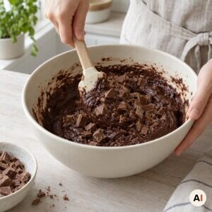 Browniedej blandes med tørre ingredienser og hakket mælkechokolade