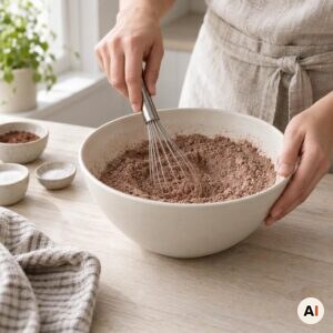 Hvedemel, kakao, vaniljesukker og salt blandes i en skål