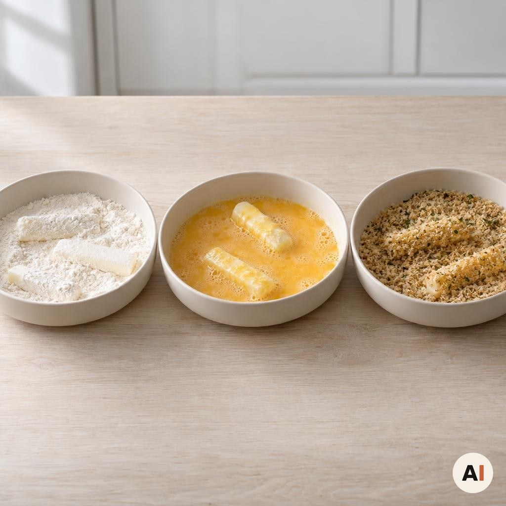 Mozzarella sticks dyppes i mel, æg og rasp før tilberedning i min airfryer