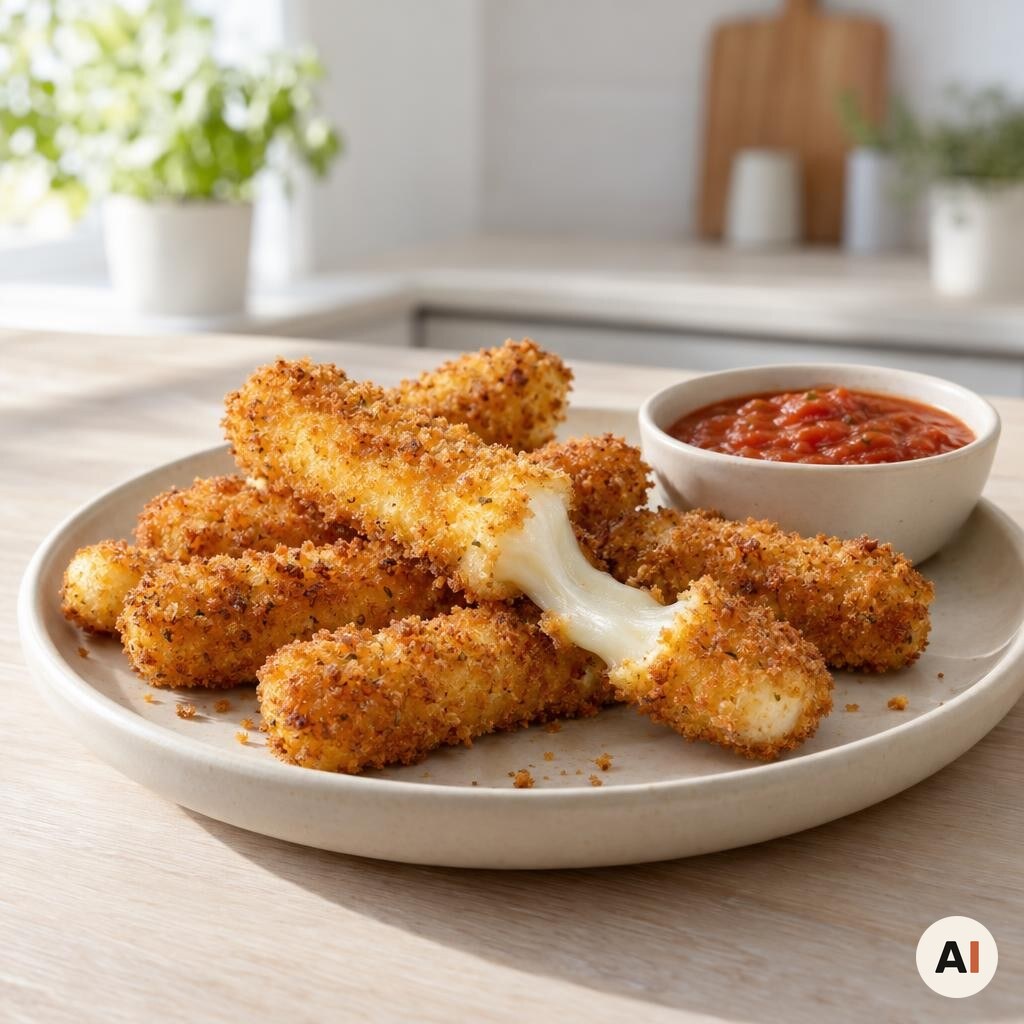 Sprøde mozzarella sticks serveret varme med marinarasauce efter tilberedning i min airfryer