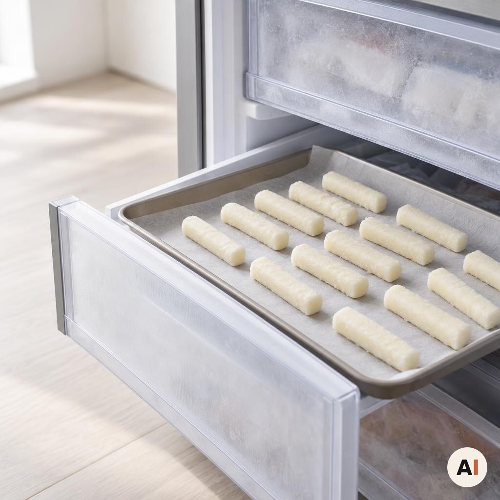 Mozzarella sticks lægges i fryseren før tilberedning i min airfryer