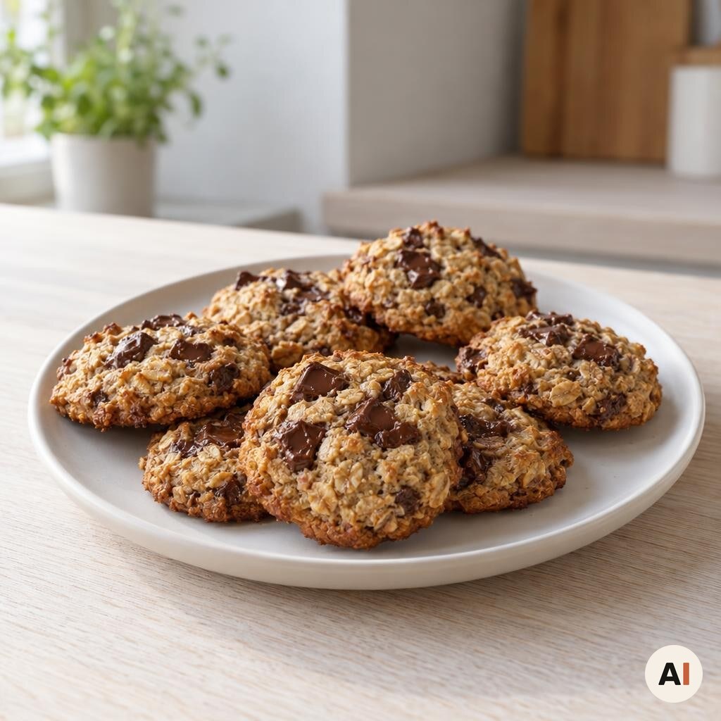 Banan-havremel cookies med chokoladestykker serveres varme eller ved stuetemperatur