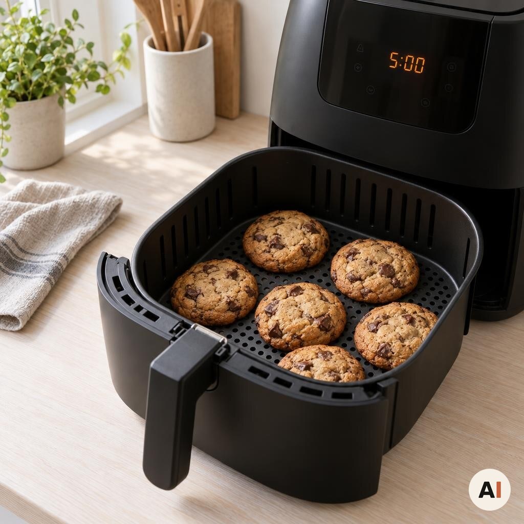 Nybagte cookies hviler i min airfryer i fem minutter