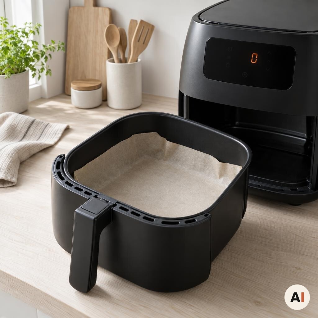 Bagepapir placeres i kurven i min airfryer