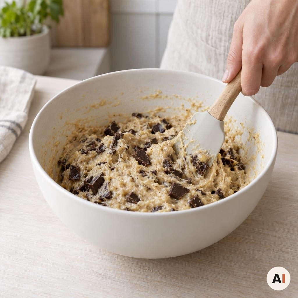 Chokoladestykker vendes forsigtigt i cookiedejen