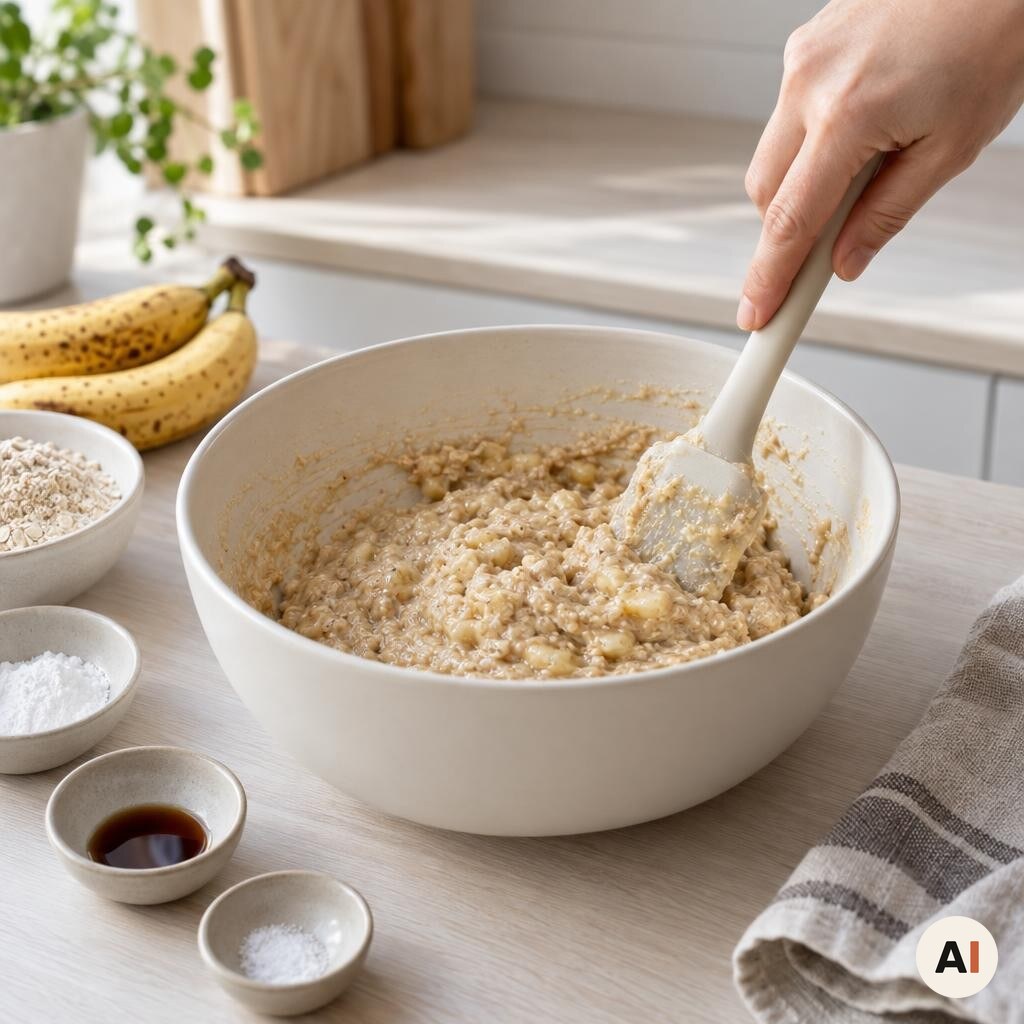Havremel og øvrige ingredienser røres sammen med moste bananer
