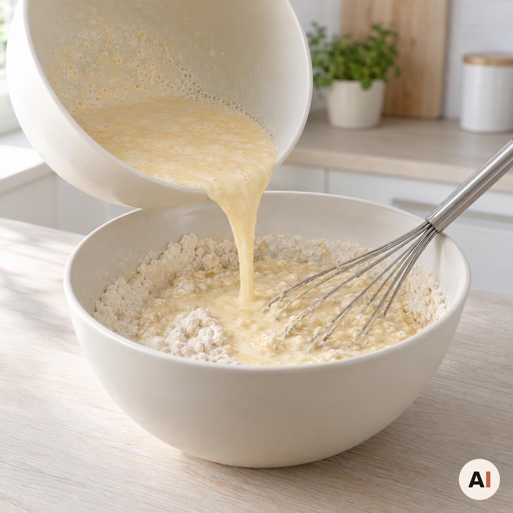 Våd blanding røres forsigtigt sammen med de tørre ingredienser