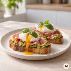 Avocado-bruschetta serveres straks, mens brød og æg stadig er varme