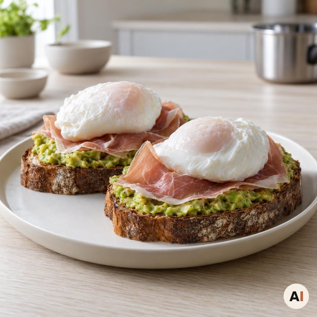 Bruschetta toppes med parmaskinke og et pocheret æg