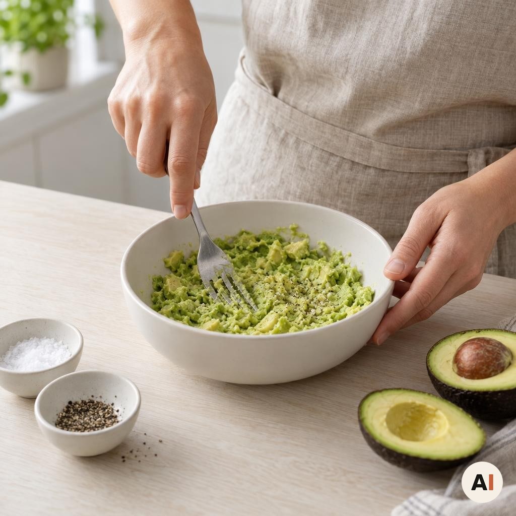 Avocado moses i en skål med salt og peber