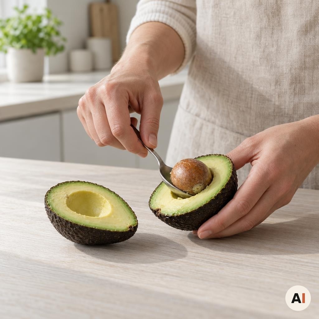 Avocadoer halveres og stenene fjernes