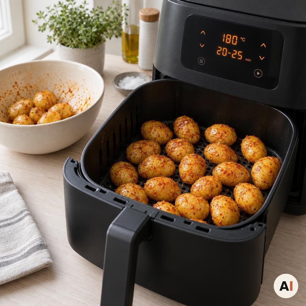 Små kartofler med olie, salt og paprika tilberedes i min airfryer