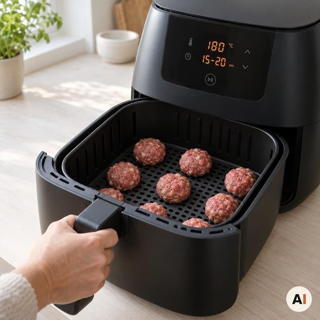 Rå frikadeller placeres med afstand i min airfryer ved 180 grader