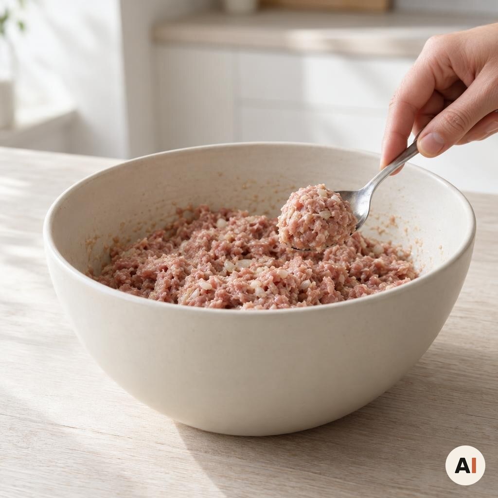 Små frikadeller formes af farsen på køkkenbordet
